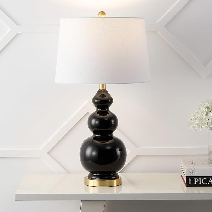 JONATHAN Y 27.5" Black/Brass Gold Modern Ceramic Gourd Table Lamp for Living Room, Large Bedside Nightstand Lamp for Bedroom, White Linen Drum Shade, LED Bulb Included (JYL4023C)