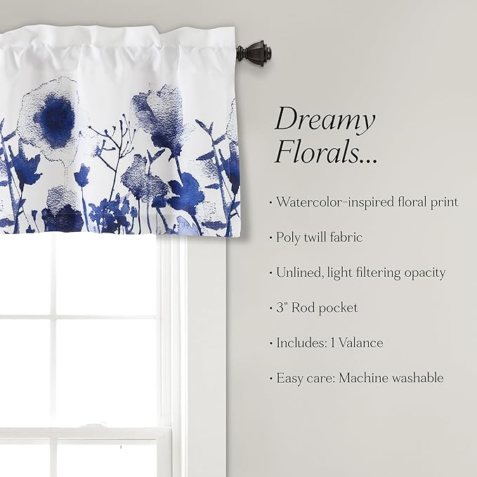 Lush Decor Zuri Flora Light Filtering Window Curtain Valance, 18" L x 52" W, Navy