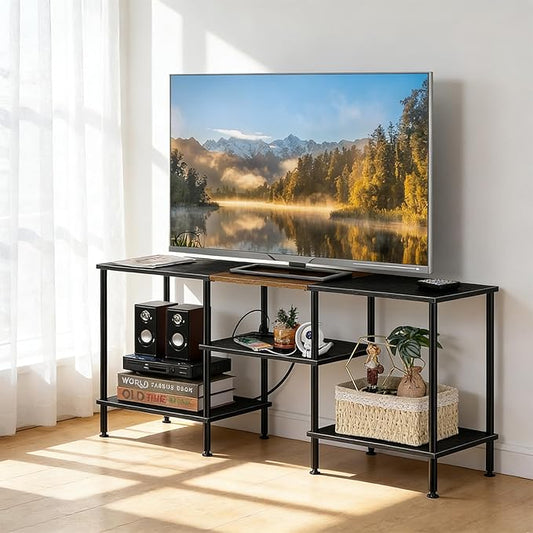 OYEAL Black Bedroom TV Stand with Power Outlets up to 50 inch TV, Small Entertainment Center Stand with Storage Modern Media TV Console Table for Living Room Bedroom