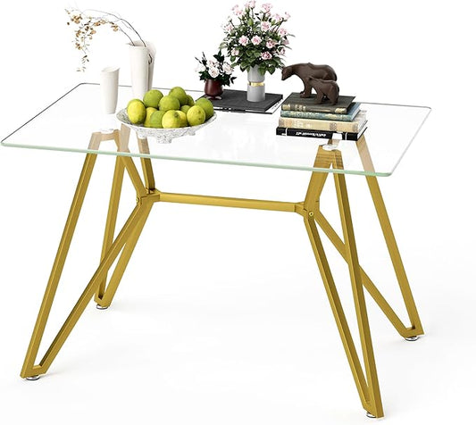 KEIKI 47.3 in Rectangular Glass Dining Table, Suitable for 1-6 People, Modern Style Home Kitchen Dining Table, Equipped with Sturdy Metal Table Legs, Suitable for Dining Room, Living Rooms, Gold