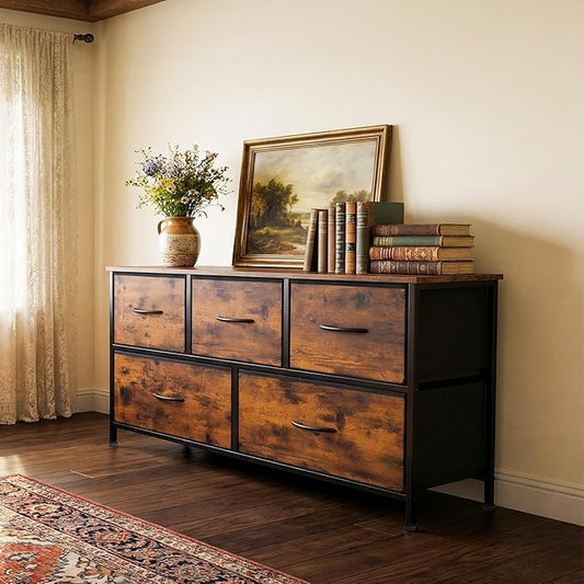 SHAWKEN Dresser for Bedroom with 5 Drawers,Fabric Dresser with One-Piece Steel Frame,Budget-Friendly Organizer for Closet, Hallway, Studio Apartment (Rustic Brown)