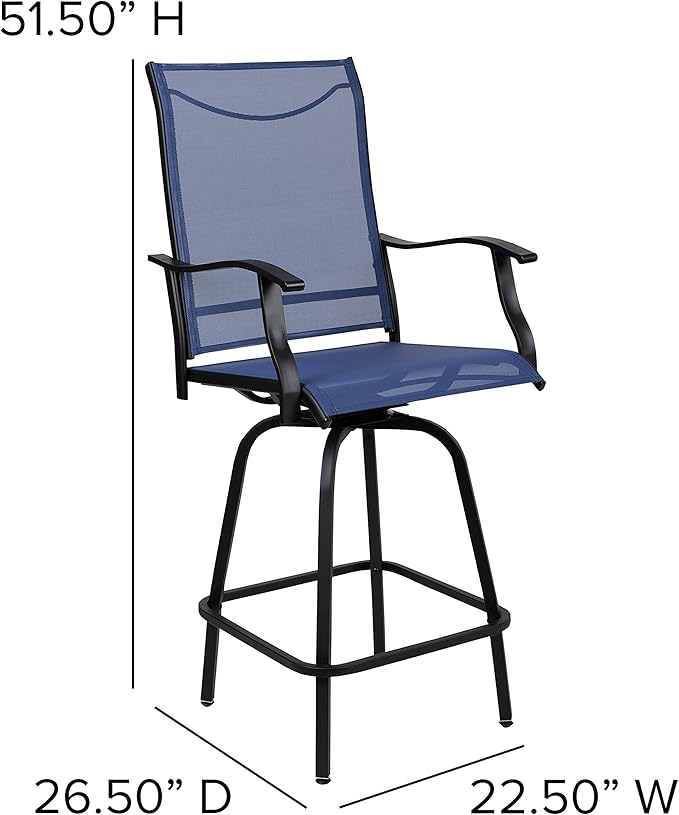 Flash Furniture Valerie All-Weather Swivel Patio Barstools with Footrest and Armrests, Modern Sling Outdoor Bar Height Stools, Set of 2, Navy