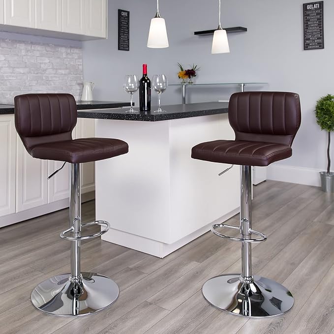 Flash Furniture Samantha Contemporary Brown Vinyl Adjustable Height Barstool with Vertical Stitch Back and Chrome Base (Pack of 2)