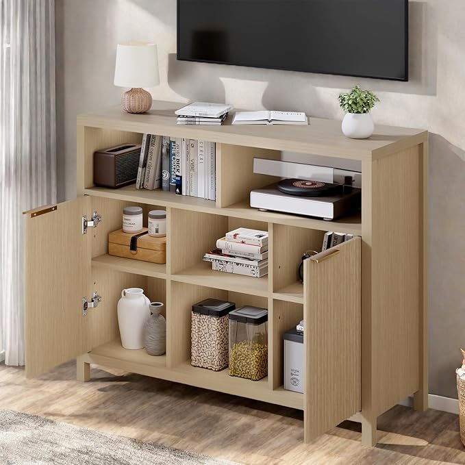 FONTOI Sideboard Buffet Cabinet, Thicken Wood Storage Cabinet with 4 Large Open Shelf, Farmhouse Credenzas with 2 Fluted Doors, Modern Accent Buffet Credenzas for Living Room, Entryway, Natural