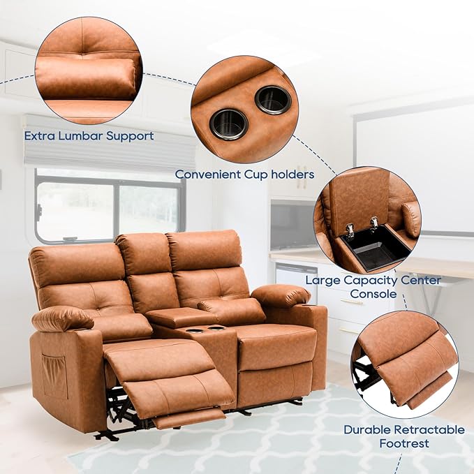 68'' RV Power Reclining Loveseat with Heat and Massage| RV Loveseat Recliner Sofa with Console| Double Reclining Couch with Cup Holder | Loveseat ReclinerTheater Seating(PU, Brown)