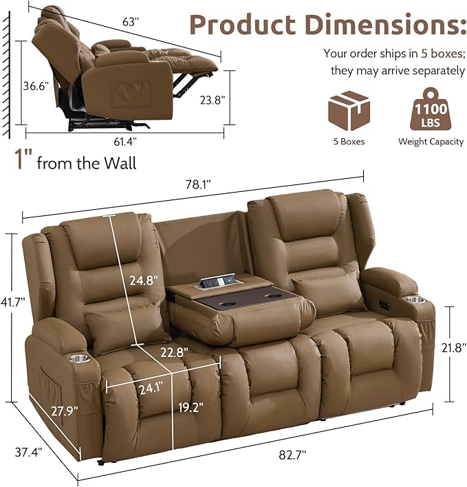 SAMERY Power Loveseat Recliner Sofa, Wall Hugger Reclining Loveseat Sofa, Movie Home Theater Seating with Flip-Backrest, Solid Wood Top, Ambient LED Lights, USB-C, Outlets, Faux Leather, Khaki | Extra Wide Seat, Plush Padding, Dual Power Recline, Flip-...