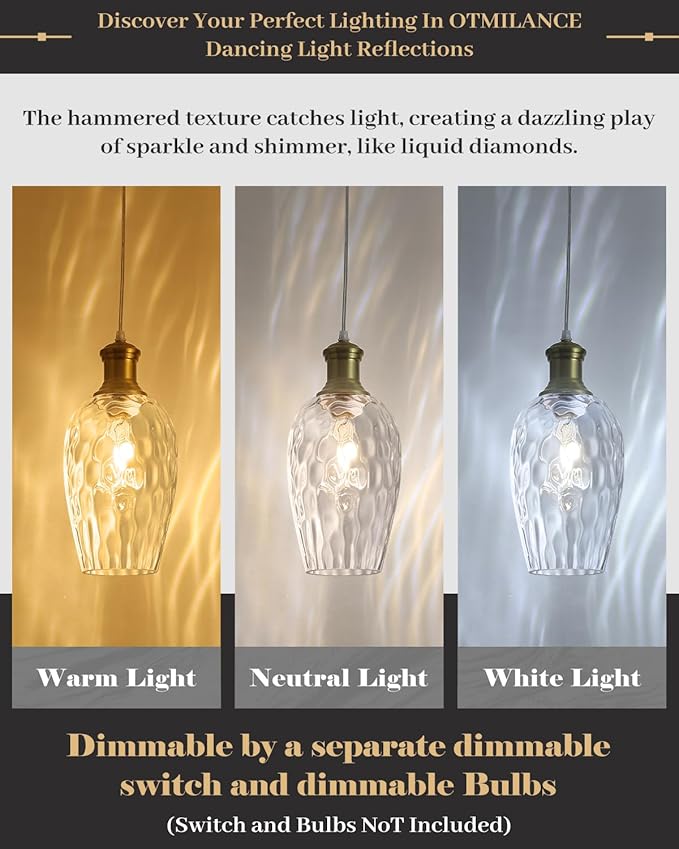 Gold Pendant Lights Kitchen Island, 6.3”Clear Hammered Glass Pendant Lights, Blown Glass Farmhouse Pendant Light 1-Pack, Kitchen Hanging Light for Kitchen Island, Living Room, Cafe