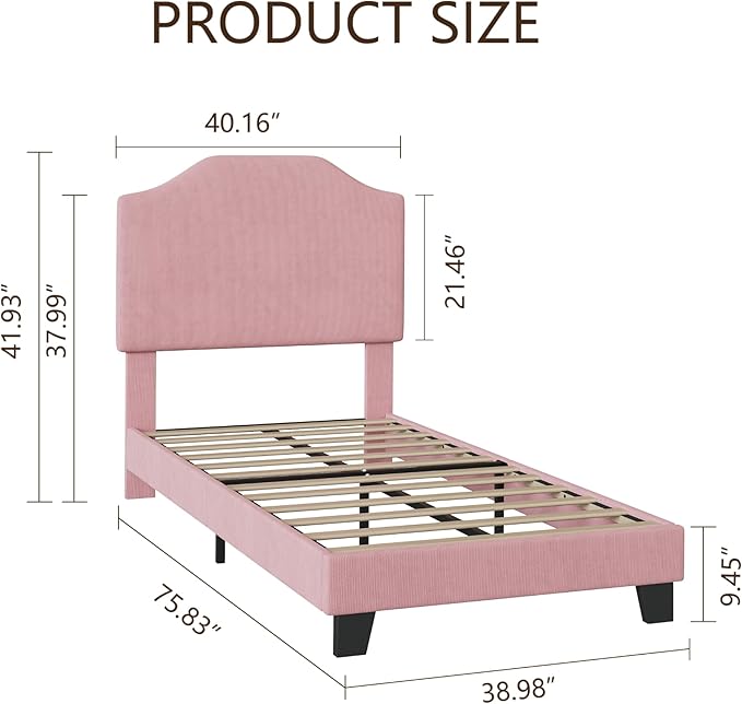 Twin Size Velvet Bed Frame, Corduroy Upholstered Twin Bed Frames Platform with Adjustable Headboard, Cute Velvet Twin Bed, Strong Wooden Slats, No Box Spring Needed, Noise Free, Easy Assembly, Pink