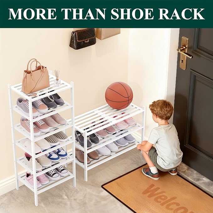Smiry Long Bamboo Shoe Rack 6-Tier, Stackable Wooden Shoe Organizer for Entryway & Closet, Free Standing Wood Shoe Storage Shelf for Front Door & Small Spaces, White