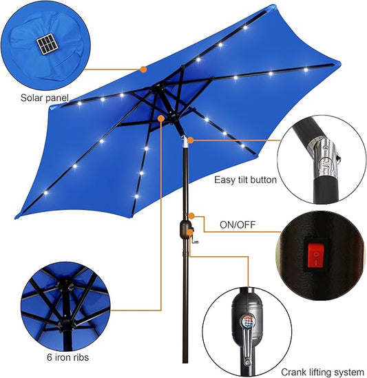 Blissun 7.5 ft Solar Umbrella, 18 LED Lighted Patio Umbrella, Table Market Umbrella