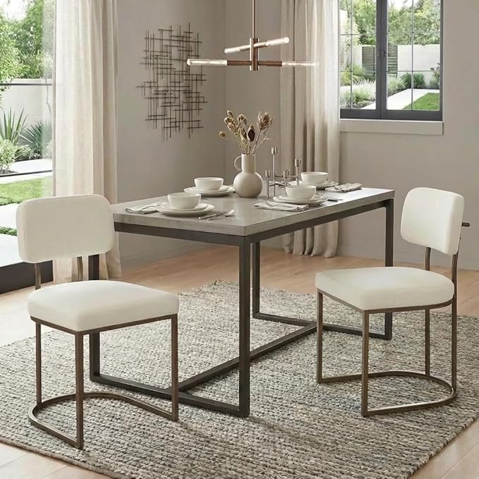 Dining Chairs Set of 2, Upholstered Modern Kitchen Chairs with Ergonomic Backrest, Fabric Cushion & Wire Drawing Curve Metal Legs for Living Room, Restaurant, and Café, Ivory
