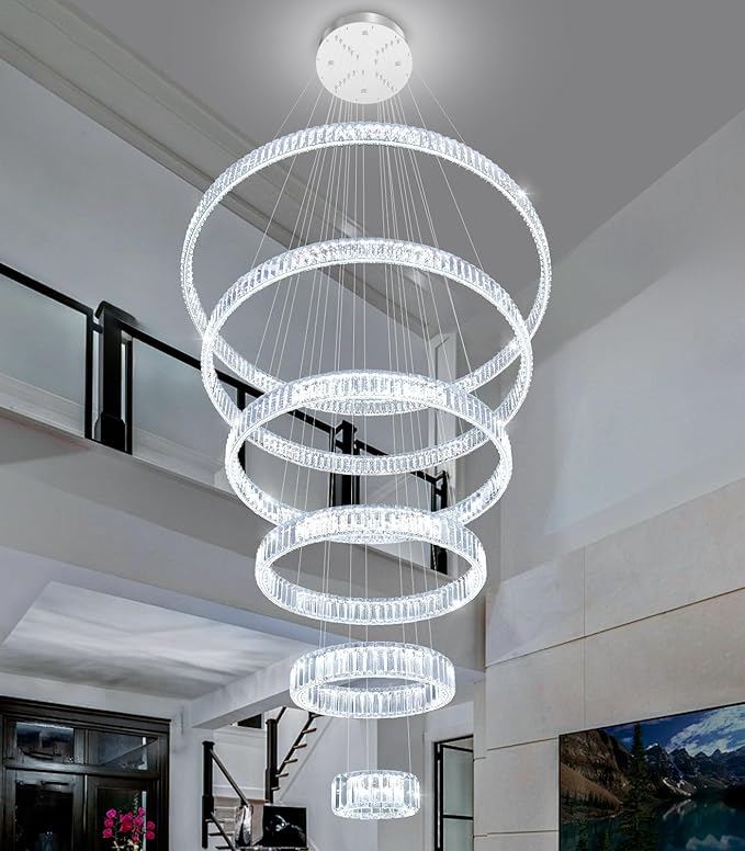 Large Ring Chandelier Modern Crystal Chandeliers for High Ceiling Round LED Dimmable Ceiling Light Fixture for Foyer Long Stair Silver 8''+16''+24''+32''+40''+47''