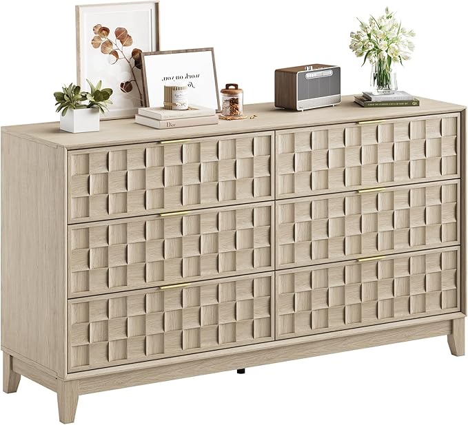 COLAMY Fluted Storage Cabinet with 6 Drawers, 55” Modern Wood Organizer Sideboard, Accent Cabinet with Metal Handles for Living Room, Entryway, Hallway, Oak