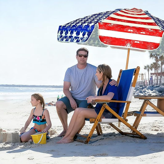 AMMSUN 7.5ft Heavy Duty HIGH Wind Beach Umbrella Commercial Grade Patio Beach Umbrella with Air Vent Ash Wood Pole & Carry Bag UPF 50+ Protection American flag