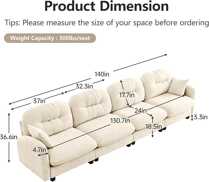 KEIKI 140" Oversized Chenille Modular Sectional Sofa with High-Density Foam Cushion and Tufted Pleated Cushion Backrest, Upholstered Modern 4-Seater Cloud Couch with 2 Pillow, for Living Room, Beige