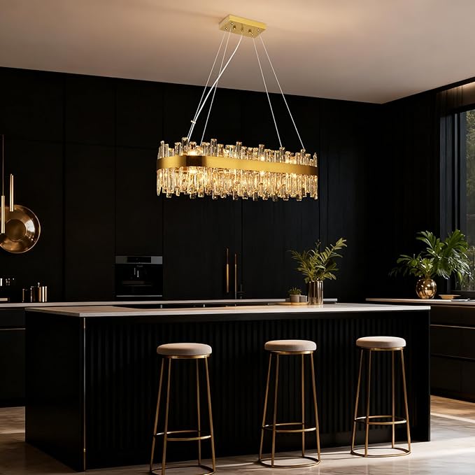Gold Crystal Chandeliers for Dining Room, 20 Lights Modern Oval Chandelier for Lining Room, Rectangular Crystal Pendant Light Fixture for Kitchen Island Bar L36 Inch