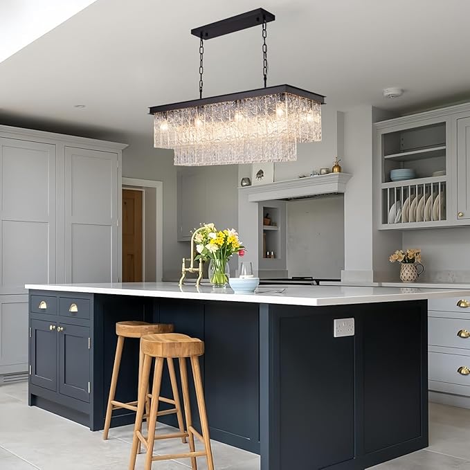 Kitchen Island Chandelier Black Rectangular, 35.4 Inch 11-Light E12 Modern Dining Room Chandelier, Water Ripple Glass Adjustable Height Hanging Ceiling Light Fixture