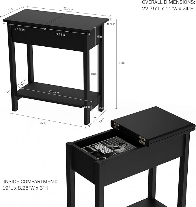 Lavish Home Flip Top End Table - Narrow End Table and Slim Console with Storage Compartment and Lower Shelf for Living Room, Hallway, Entryway and Small Spaces (Black)