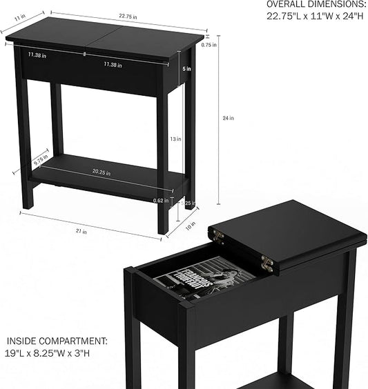 Lavish Home Flip Top End Table - Narrow End Table and Slim Console with Storage Compartment and Lower Shelf for Living Room, Hallway, Entryway and Small Spaces (Black)