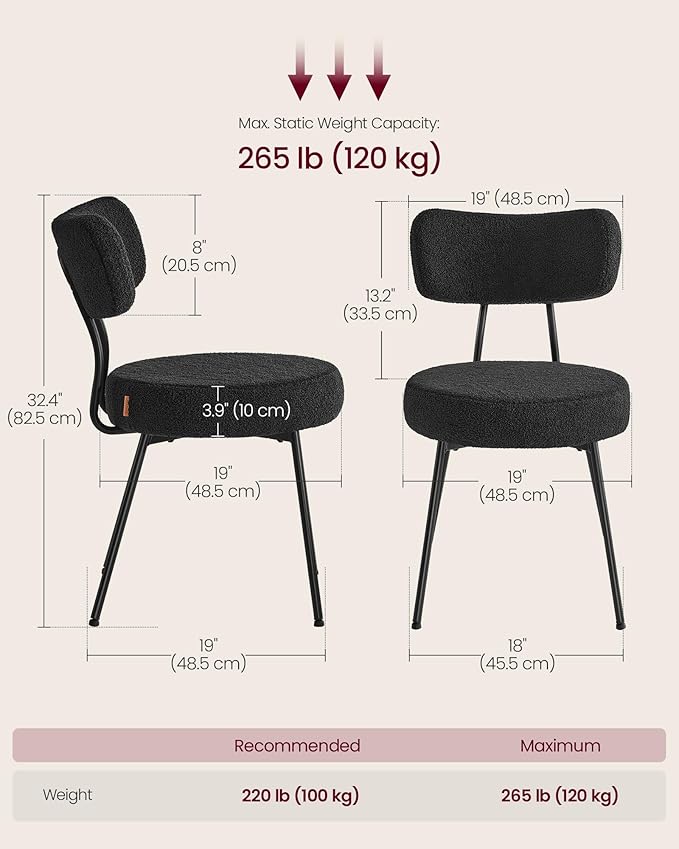 VASAGLE Boucle Dining Chairs Set of 4, Upholstered Kitchen Dining Room Chairs with Curved Backrest and Steel Frame, Modern Mid Century, Round, for Vanity, Living Room, Ink Black UKDC110B14
