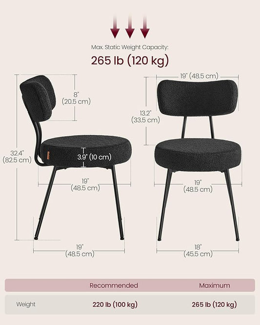 VASAGLE Boucle Dining Chairs Set of 4, Upholstered Kitchen Dining Room Chairs with Curved Backrest and Steel Frame, Modern Mid Century, Round, for Vanity, Living Room, Ink Black UKDC110B14
