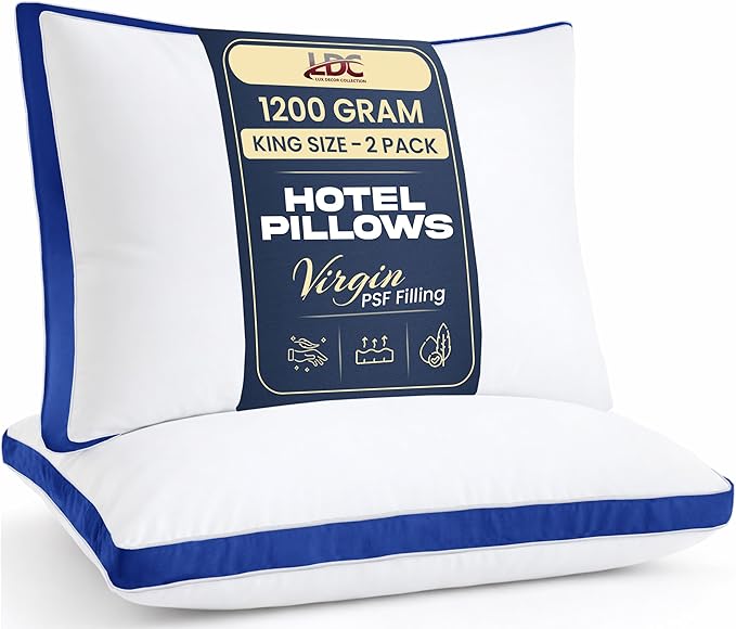 LUX Décor Gusseted Style Soft Hotel Pillows Set of 2 – for Side, Stomach & Back Sleepers - Down Alternative Hotel Bed Pillows – 100% Microfiber Cover, Virgin PSF Fill – Blue, King 36x18