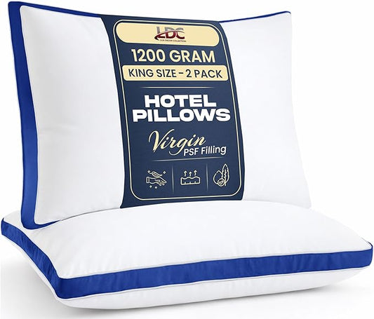 LUX Décor Gusseted Style Soft Hotel Pillows Set of 2 – for Side, Stomach & Back Sleepers - Down Alternative Hotel Bed Pillows – 100% Microfiber Cover, Virgin PSF Fill – Blue, King 36x18
