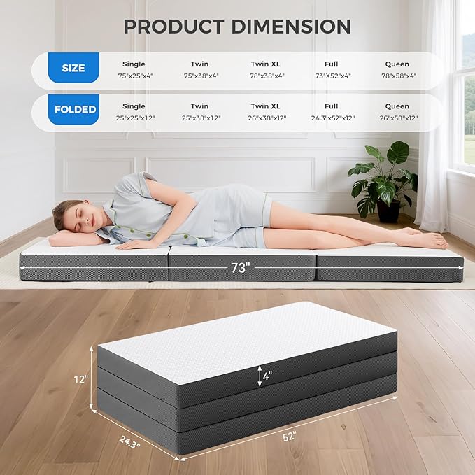 MASVIS Trifold Mattress, 4 Inch Memory Foam Foldable Mattress with Washable Cover, Tri-Folding Floor Bed for Camping, Full