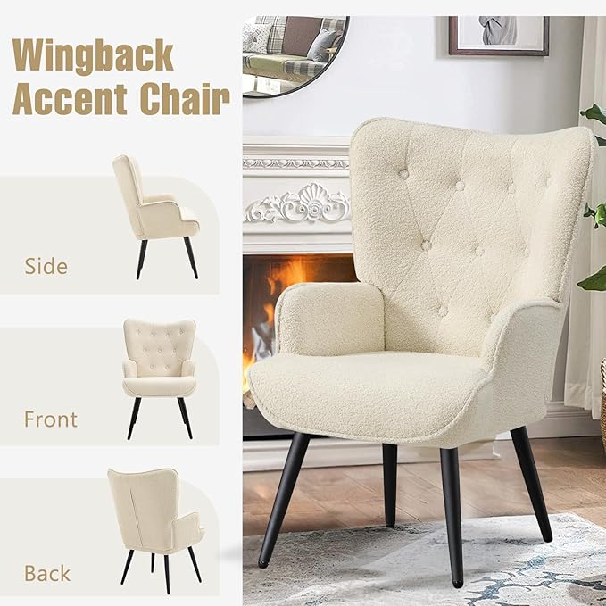Furniliving Boucle Accent Chair for Living Room, Upholstered Reading Chair with High Backrest, Tufted-Button Wingback Armchair for Bedroom, Dressing Room, Home Office, Ivory White