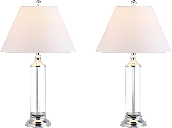 JONATHAN Y 29" Clear/Chrome Glass LED Table Lamp Set of 2, Modern Bedside Nightstand Lamps for Living Room Bedroom Office, White Linen Shade, Transitional Decor JYL4014A-SET2