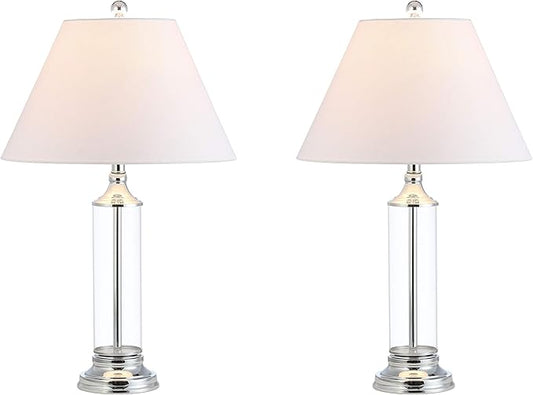 JONATHAN Y 29" Clear/Chrome Glass LED Table Lamp Set of 2, Modern Bedside Nightstand Lamps for Living Room Bedroom Office, White Linen Shade, Transitional Decor JYL4014A-SET2