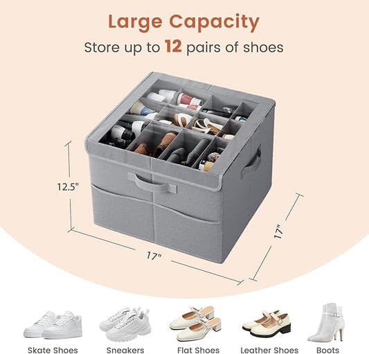 PHINOX Shoe Organizer for Closet, Fits 12-24 Pairs, Shoe Storage Bins with Clear Cover and Reinforced Handles, Foldable Shoe Storage Organizer, Space Saving Shoe Holder for Wardrobe, 2 Pack Gray