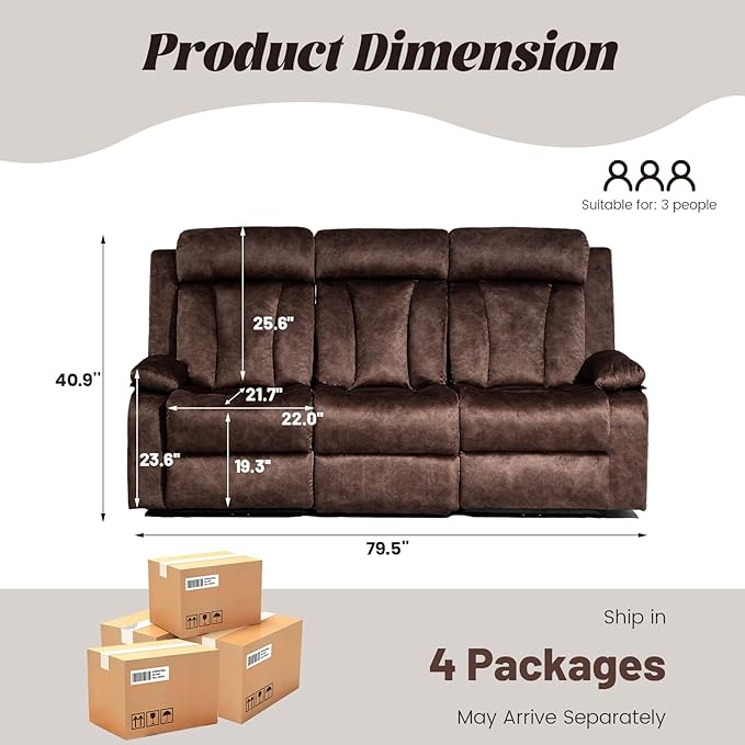 Electric Power Reclining Sofa w/Flipped Middle Backrest & Cup Holders, Power Recliner Couch w/Massage & Heat, Spacious 3-Seater Couch for Living Room Comfort (Brown)