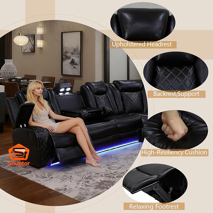 Power Leather Recliner Sectional Sofa with LED Light,L Shaped Reclining Couch with USB Charger/Cup Holder/Storage,Leather Sofa for Living Room Furniture Sets(Black,Sectional+2 Seats)