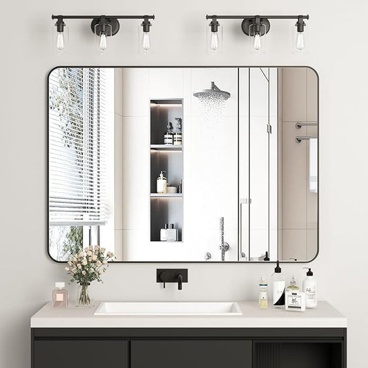 Manocorro Black Bathroom Wall Mirror for Wall,Black 36X24 Inch Rounded Rectangle Mirror,Anti-Rust,Modern Wall Mounted Mirror for Bedroom, Farmhouse,Restroom,Entryway,Horizontal or Vertical Hanging