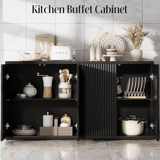 Fluted Buffet Cabinet Sideboard with Storage, Wooden Credenza with 2 Doors & Adjustable Shelf, Modern 15" Deep Accent Cabinet for Living Room, Kitchen Dining Room Entryway,Black