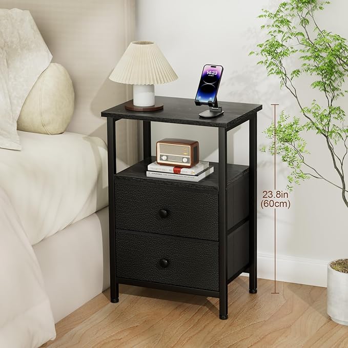 Night Stand for Bedroom, Nightstand with 2 Fabric Drawers, Small Bed Side Table Table with Open Storage Shelf for Living Room, Black, HETS002BK-1