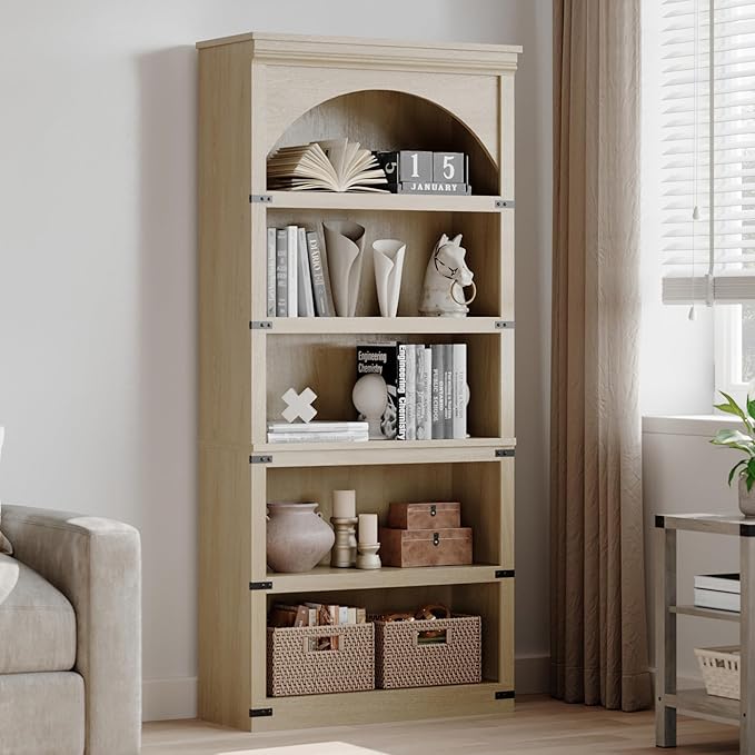 Garvee Farmhouse Arched Bookshelf, 69" Tall Bookcase w/Arche Design, Wooden Arch Book Shelf with Wooden Base, 5 Tier Bookshelves Rustic Vintage Book Shelf for Living Room Office Library (Nature)