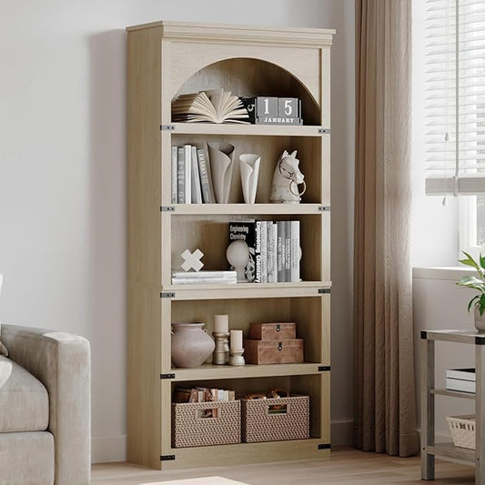 Garvee Farmhouse Arched Bookshelf, 69" Tall Bookcase w/Arche Design, Wooden Arch Book Shelf with Wooden Base, 5 Tier Bookshelves Rustic Vintage Book Shelf for Living Room Office Library (Nature)