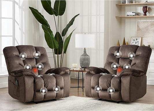 HAOMARKETS Power Recliner Chair Set of 2 with Massage and Heat, 41" Wide Electric Reclining Chairs with USB Port, Breathable Fabric Overstuffed Reclining Sofa for Living Room, Brown