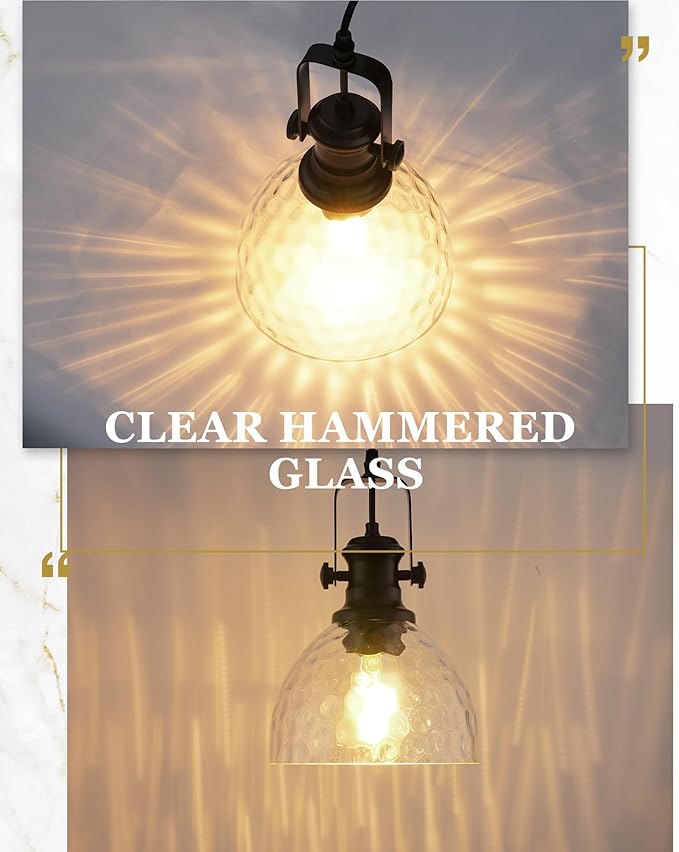 2-Pack Pendant Lights Kitchen Island, 7.5" Farmhouse Black Pendant Lighting with Hammered Glass Shade, Vintage Hanging Light Fixtures for Dining Room Entryway, AD-22151-1P2-BK-H