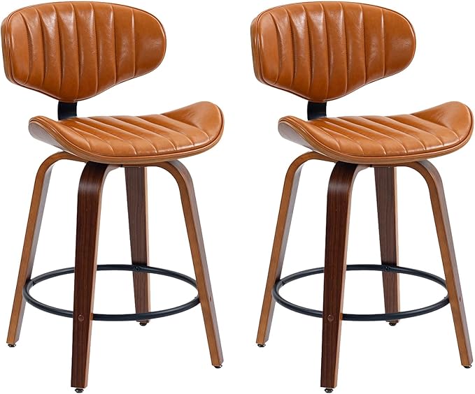 Swivel Bar Stools Set of 2, 24 inch PU Leather Wooden Bentwood Barstools Counter Height Modern Breakfast Bar Chairs with Backrest and Footrest for Kitchen Island, Dining Room D035-Brown-2