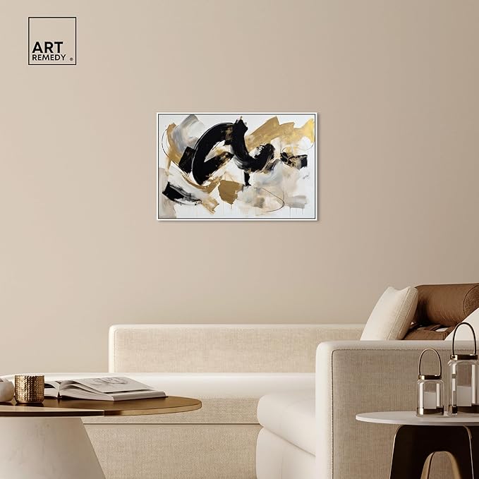 Art Remedy Moved Abstraction Canvas Modern Black White Abstract Wall Art, White Frame, 36" x 24"