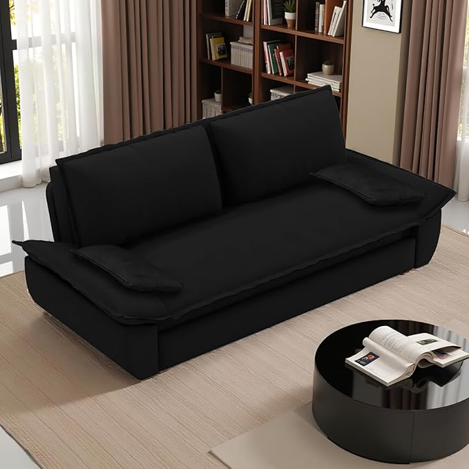 Yafylly Queen 3 in 1 Convertible Sleeper Couch, Full Size Velvet Loveseat Pull Out Sofa Bed, Futon Lounge Chair with Pillows for Living Room, Bedroom, Apartment, Office,Black