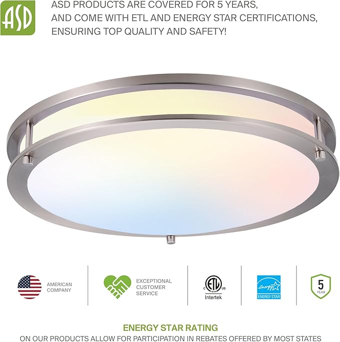ASD LED 16" Round Flush Mount Lighting, Close to Ceiling Light Fixture | 3CCT, Dimmable, Energy Star, ETL Listed | 24W 1854LM 3000-5000K 120V | Low Profile Double Ring Lamp | Nickel, 2 Pack