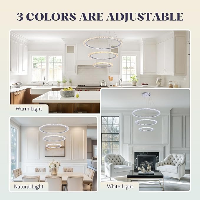 Modern LED Chandelier 𝐃𝟑𝟏.𝟓" 3 Ring Crystal Chandeliers for Dining Room Ceiling Lighting Fixture Adjustable Height Round Pendant Lights Silver Ring Chandelier for Living Room Bedroom