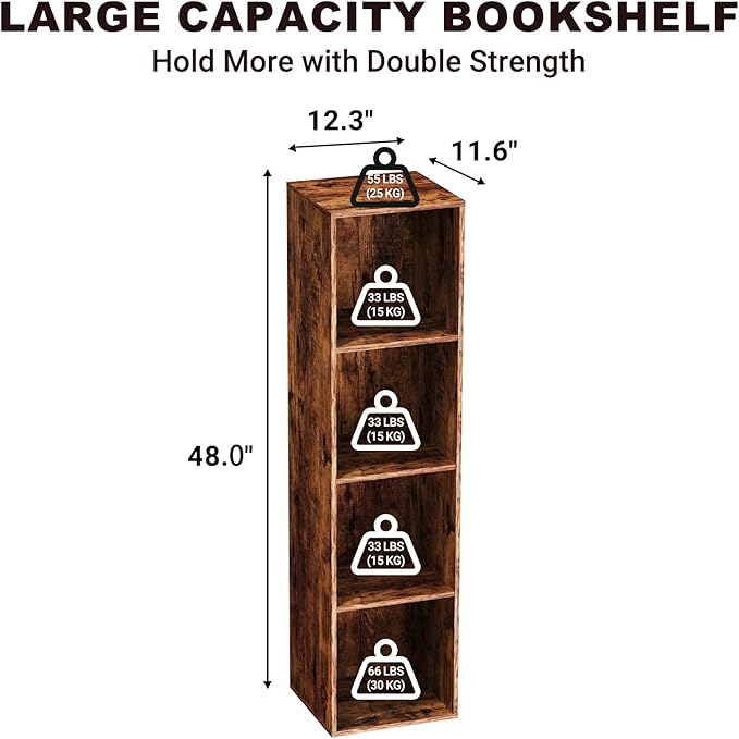 4 Tier Bookshelf, Freestanding Corner Storage Shelve Book Case for Narrow Space, 4 Cube Storage Organizer Small Bookcase for Home Office Living Room (Retro Brown, 4 Cube)