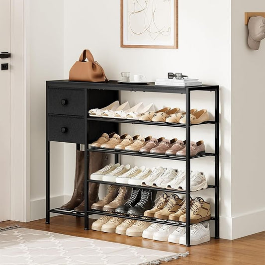 5-Tier Shoe Rack with 2 Fabric Drawers, Metal Frame and Wooden Board Shoe Organizer for 16-20 Pairs of Shoes, Shoe Shelf with Boots Storage for Entryway Closet Black