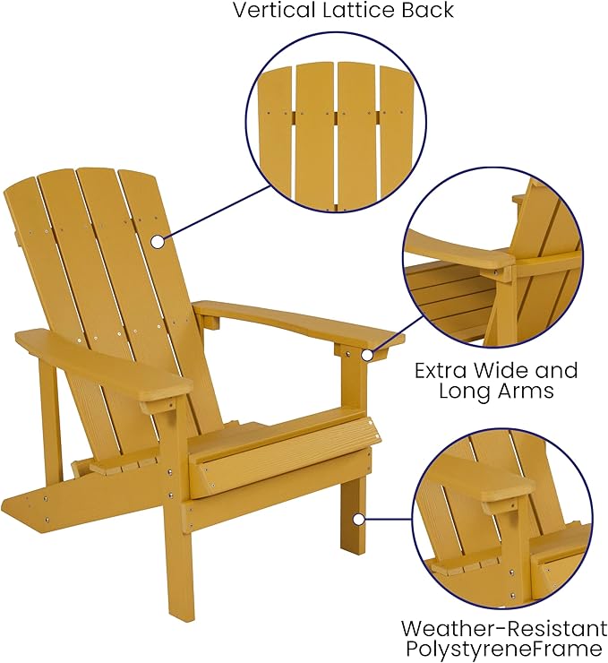 Flash Furniture Charlestown Poly Resin Adirondack Chair - Yellow - All Weather - Indoor/Outdoor - Set of 4