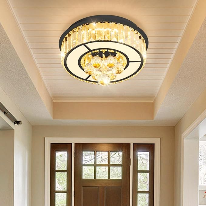 11.8'' Black Modern Crystal Chandeliers for Dining Room LED Dimmable Light Fixtures Flush Mount Light Living Room Bedrooms